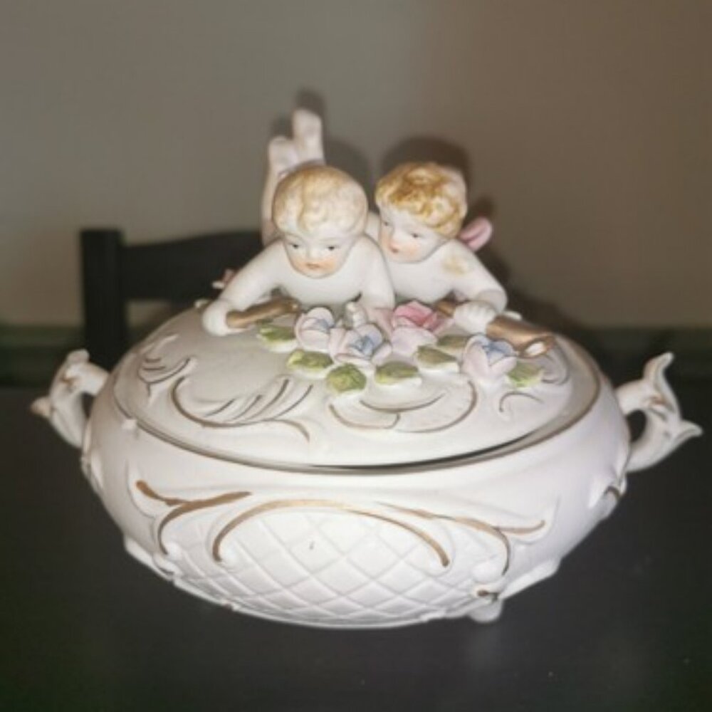 Vintage Bisque Porcelain Putti Twins Covered Bowl, Hand Painted‎ Cupid Dish